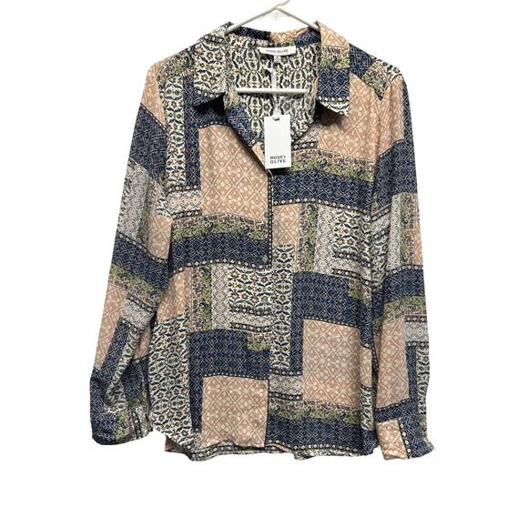 Rose + Olive Boho Patchwork Print Button Down Blouse XL NWT - Picture 1 of 9